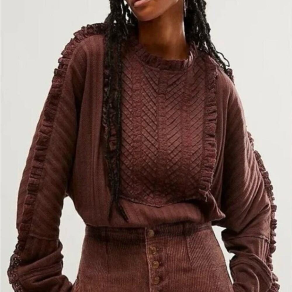 Free People More Romance Lace Boho Relaxed Top Size Large  Brown Mocha
